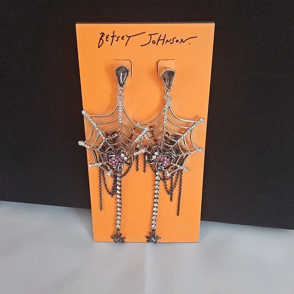 Betsey Johnson Pink and Silver Spider Web Earrings - Picture 2 of 2